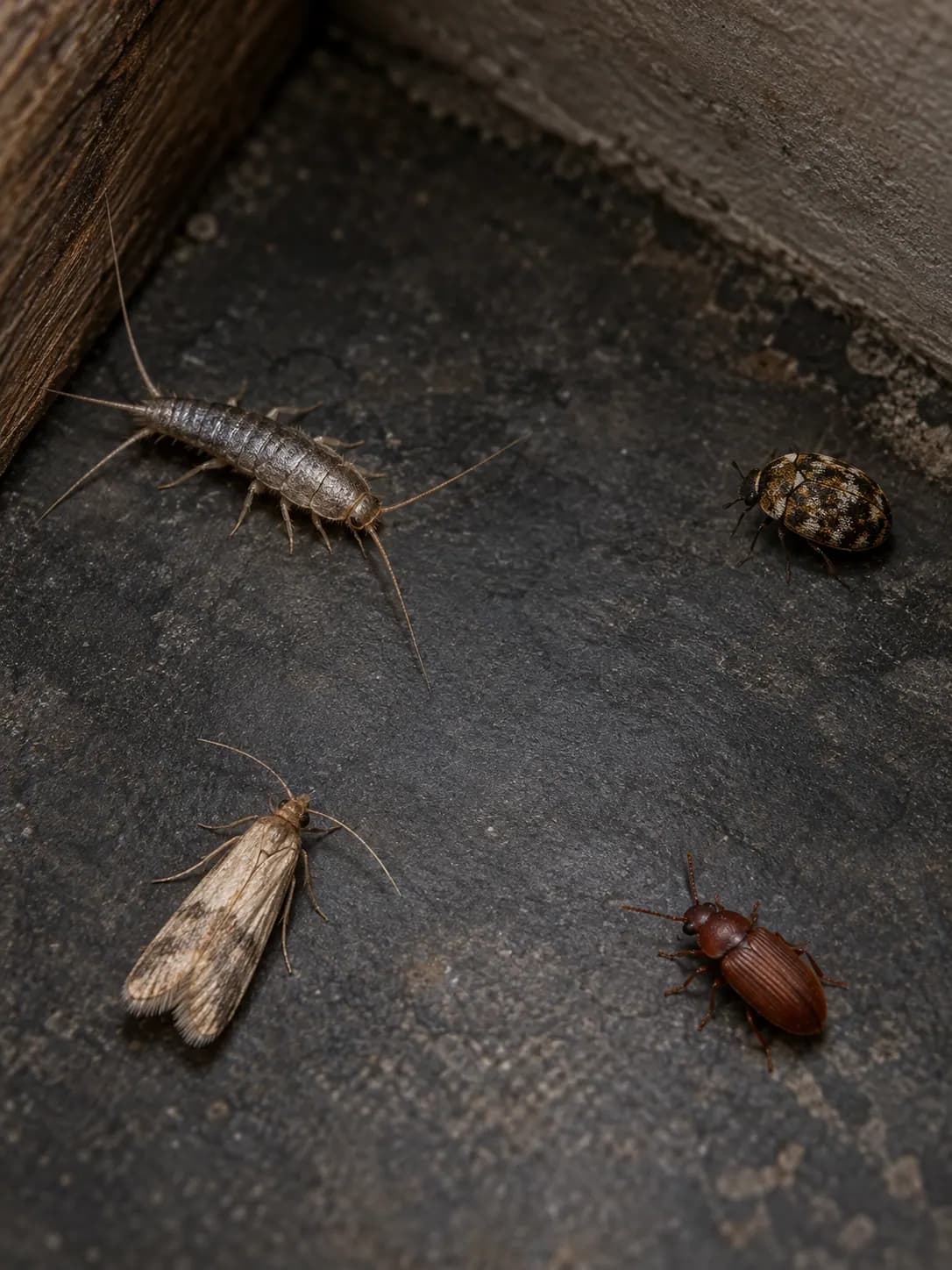 Various household pests, including a silverfish, moth and beetles