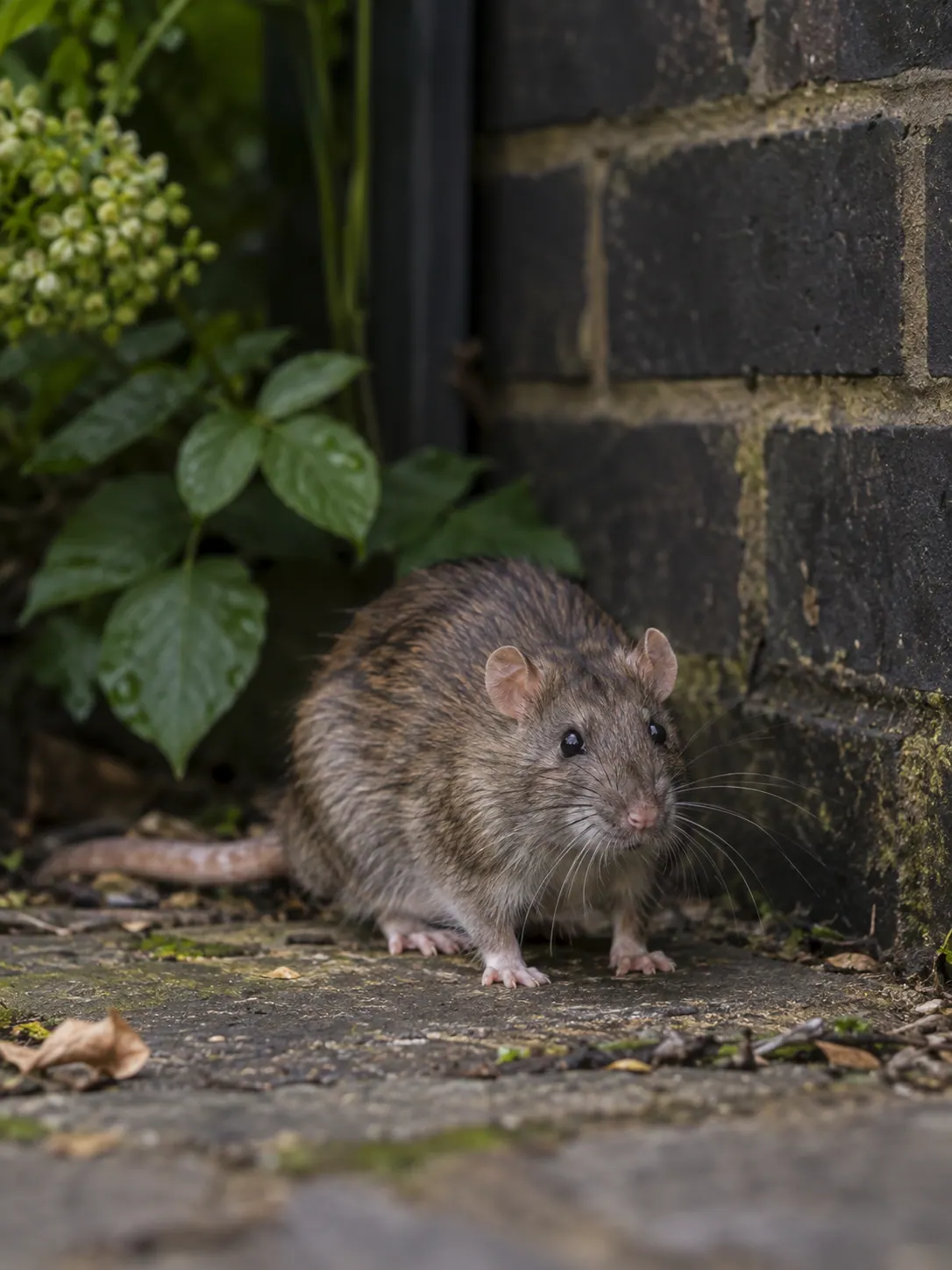 Realistic brown rat beside an exterior wall