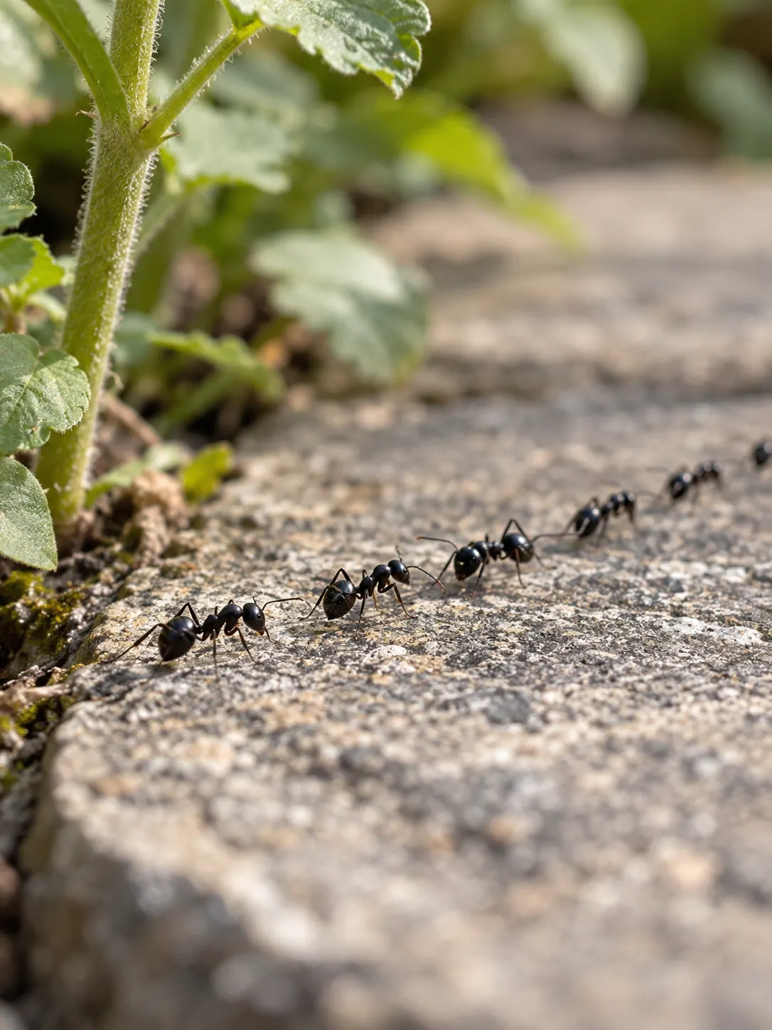 Realistic line of black ants on a stone surface